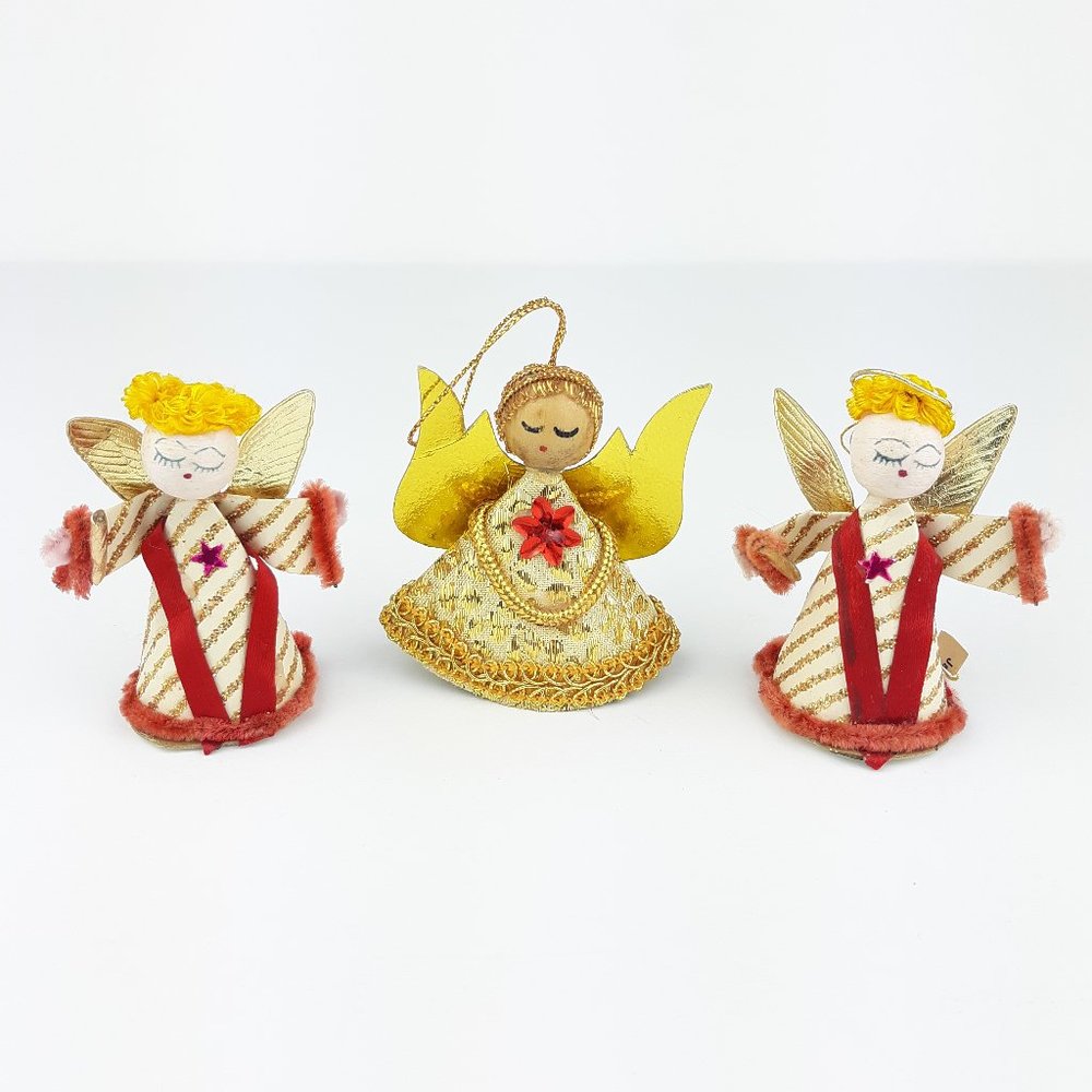 Vintage Angel Christmas Ornaments Spun Cotton Wood Face Lot Of 3